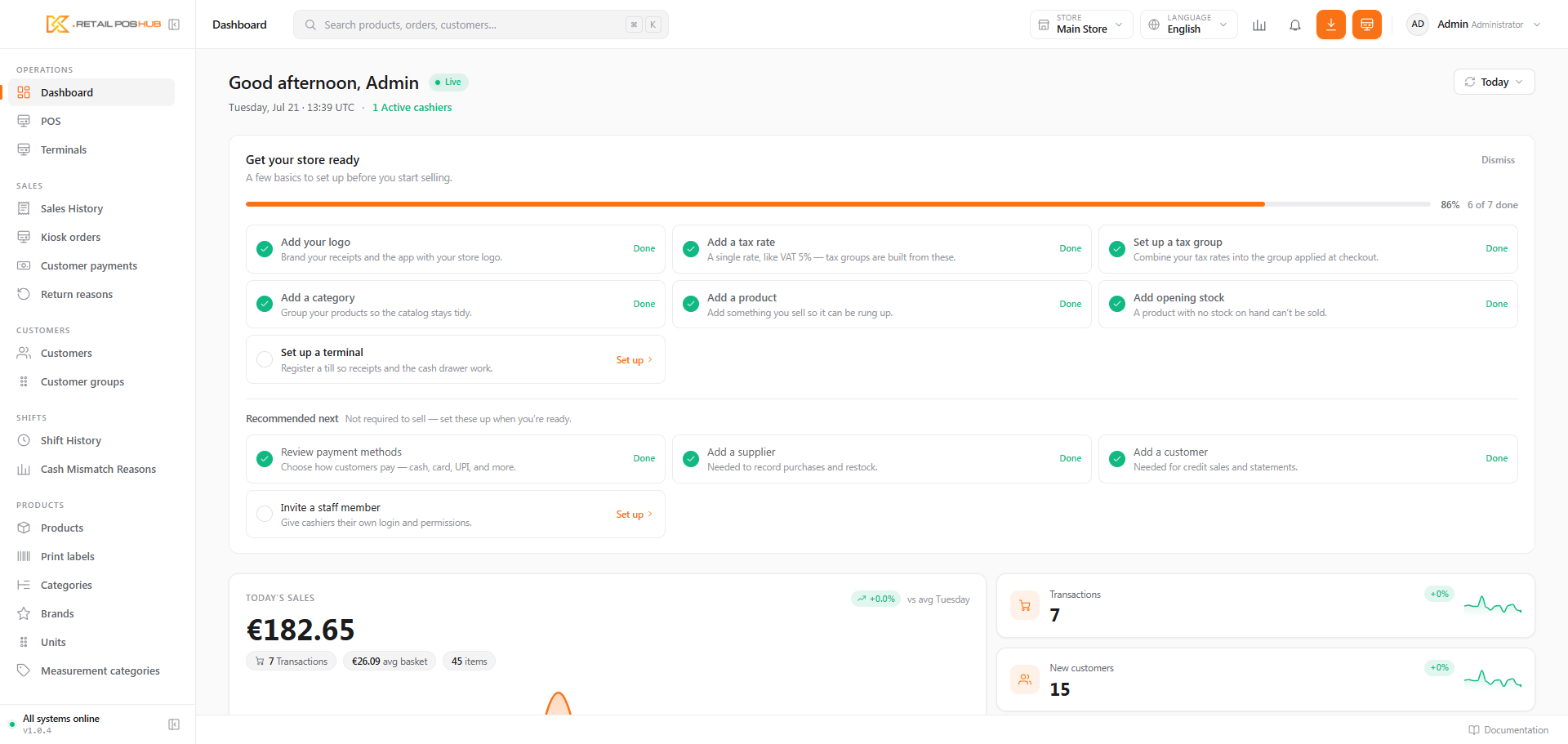 The dashboard screen